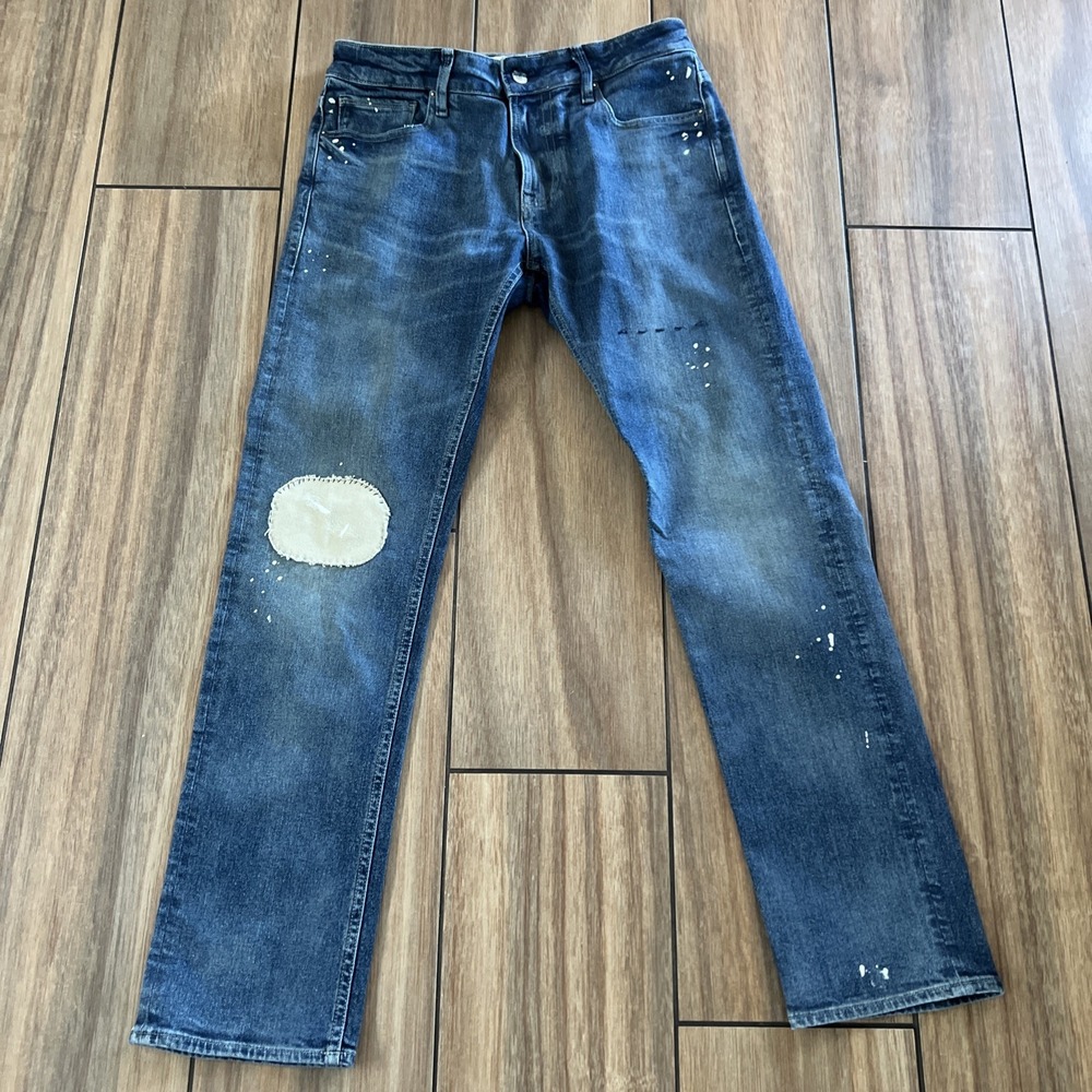 Guess Jeans Men's 32x 30 Light Wash Distressed Straight Leg Denim BeigePatch